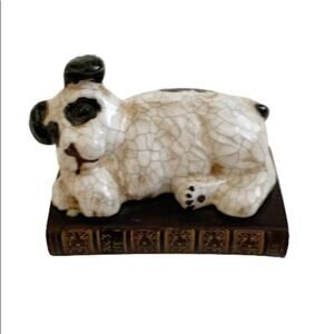 Dog Figurine Ceramic Home Decor Black & White Dog on Book Crackle Finish